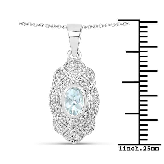 Plated Rhodium Aquamarine and White Topaz Pendant with Chain