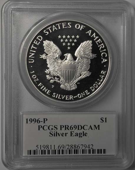 1996-P Proof American Silver Eagle PCGS PR69DCAM John M. Mercanti Signature.