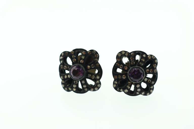 Enchanting Amethyst Earrings with Moody Dark Silver Backdrop and Diamond Accents