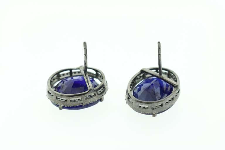 Deep Blue Sapphire Earrings with Silver and edged with Diamonds