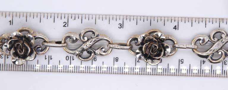 Vintage Sterling Silver Signed Flower Link Bracelet