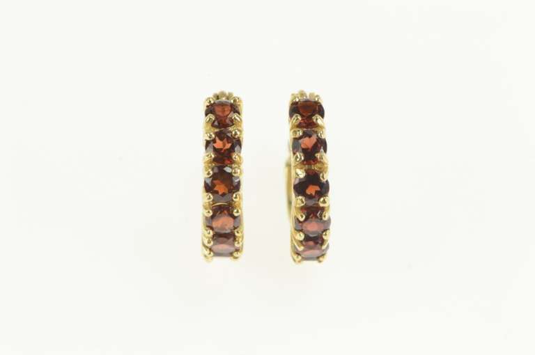 14K Yellow Gold Garnet Inset Ornate Filigree Fashion Hoop Earrings