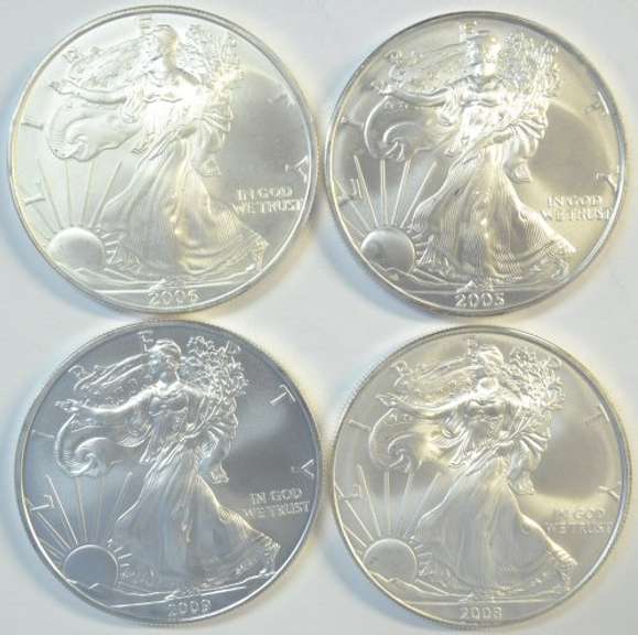 4 Diff. Superb Gem BU $1 Silver Eagle coins 2005 to 2009