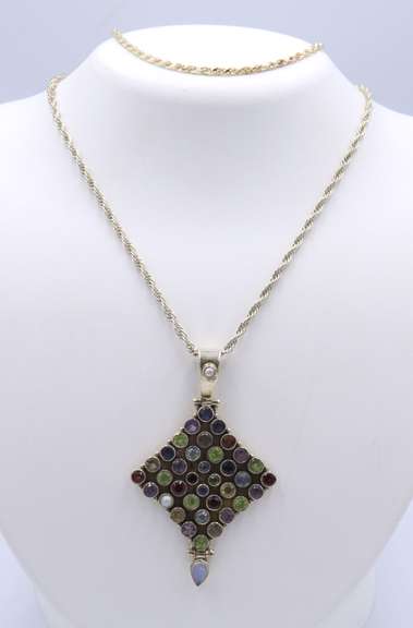 Vintage Sterling Silver Mexico Multi Gemstone Pendant on Chain and Matching Bracelet
