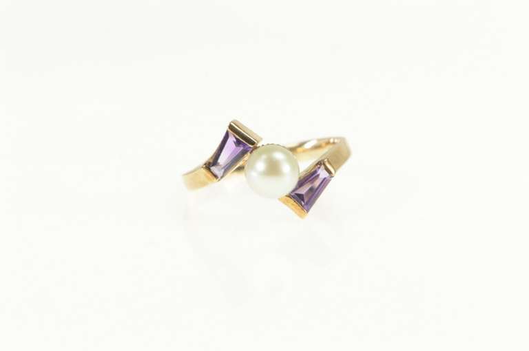 10K Yellow Gold Pearl Baguette Amethyst Ornate Bypass Ring