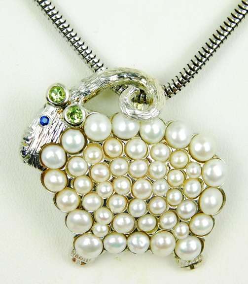 Sterling Pearls & Gemstones Figural Ram Necklace