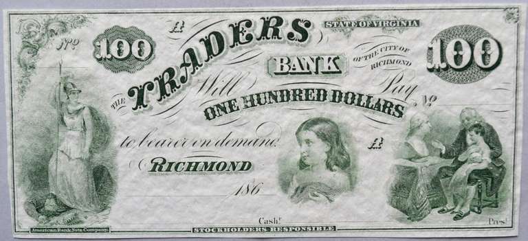 $ 100 Traders Bank of Richmond Circa 1860 Proof or Remainder Note