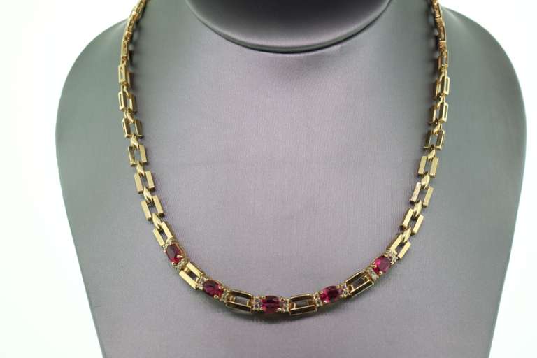 Contemporary 14k Gold Italian Design Ruby and Diamond Necklace