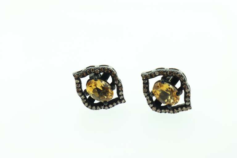 Ripe Citrine Earrings with Dark Silver and Diamond Accents