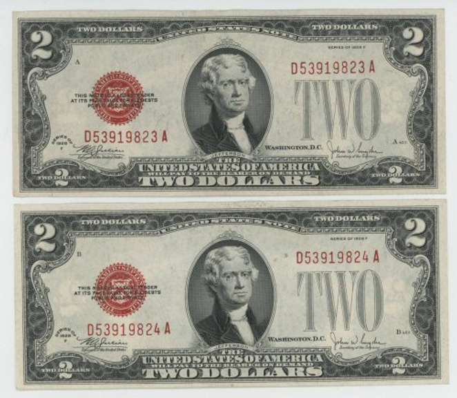 2 near Gem CU 1928-F Series $2 Red Seal Notes in sequence