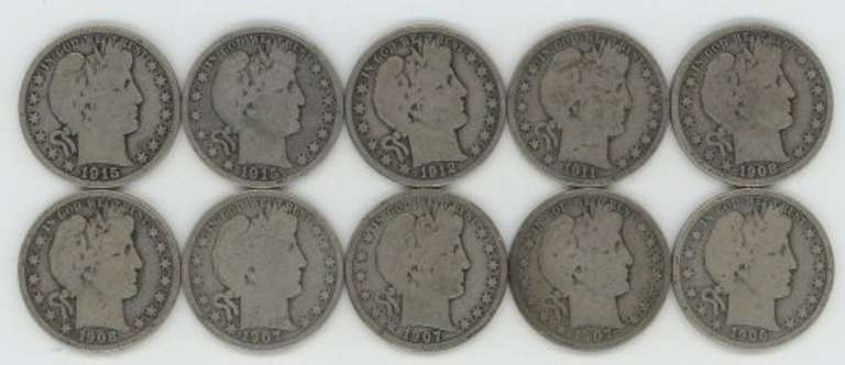 10 Assorted 'D' Mint Barber Half Dollars 1906 to 1915