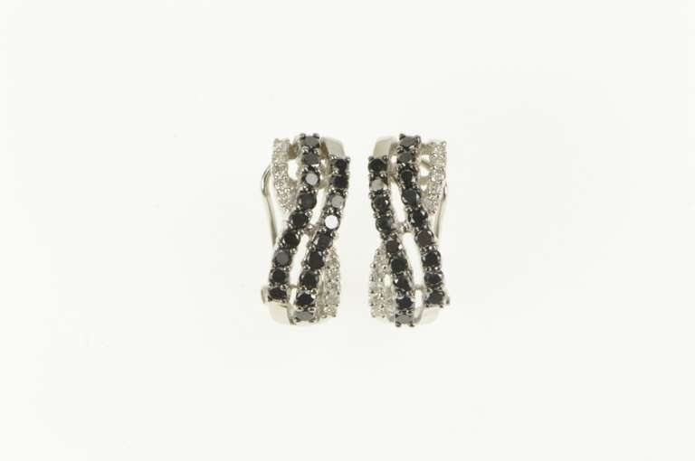 14K White Gold Pave Black & White Diamond Curved Bar Earrings