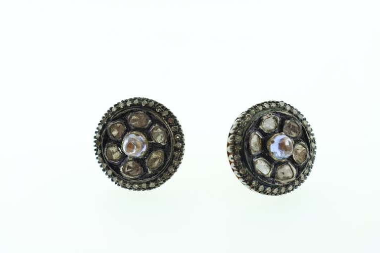Unique Mine Cut Diamond Earrings Stamped on Dark Silver with Iolite Center and Diamond Accents