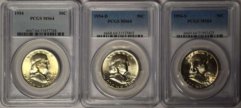 1954 P-D-S Set Of Franklin Half Dollars PCGS MS64