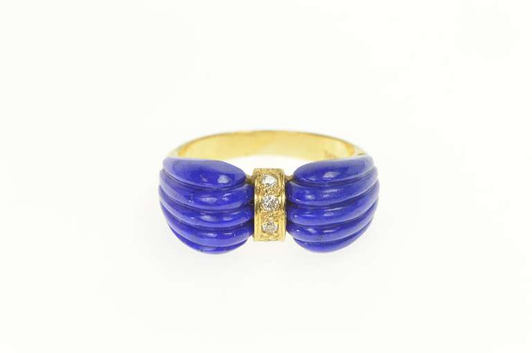 14K Yellow Gold 1950's Carved Lapis Lazuli Diamond Bow Ring
