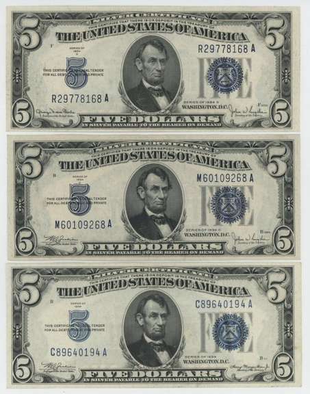 3 Crisp Uncirculated 1934 Series $5 Silver Certificates