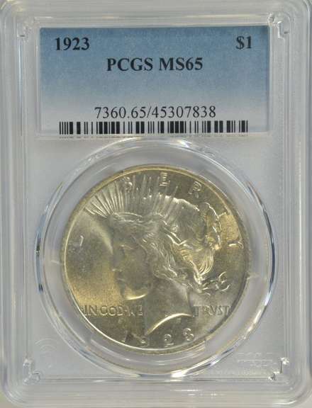 Solid lustrous Gem BU 1923 Peace Silver Dollar. PCGS MS65