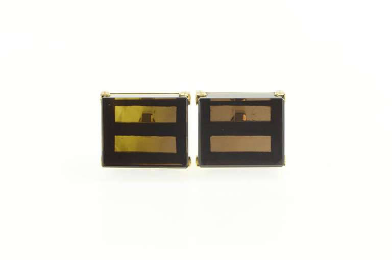 14K Yellow Gold 1960's Squared Smoky Quartz Inset Statement Cuff Links