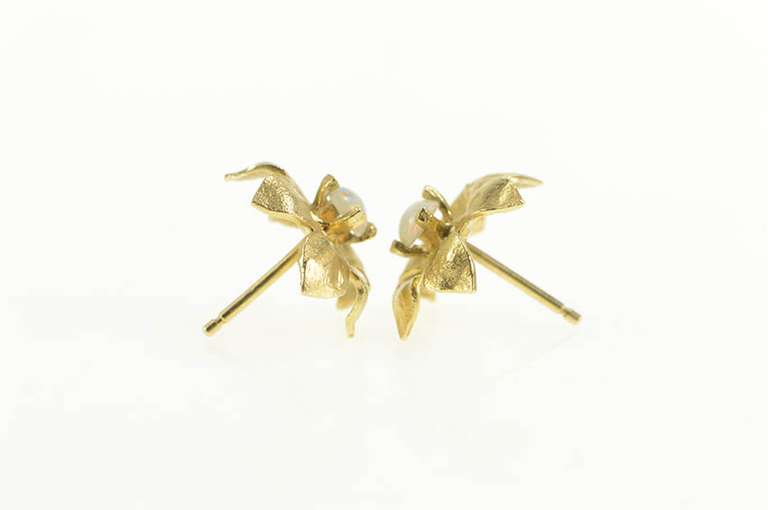 14K Yellow Gold Opal 3D Flower Blossom Stud Statement Earrings
