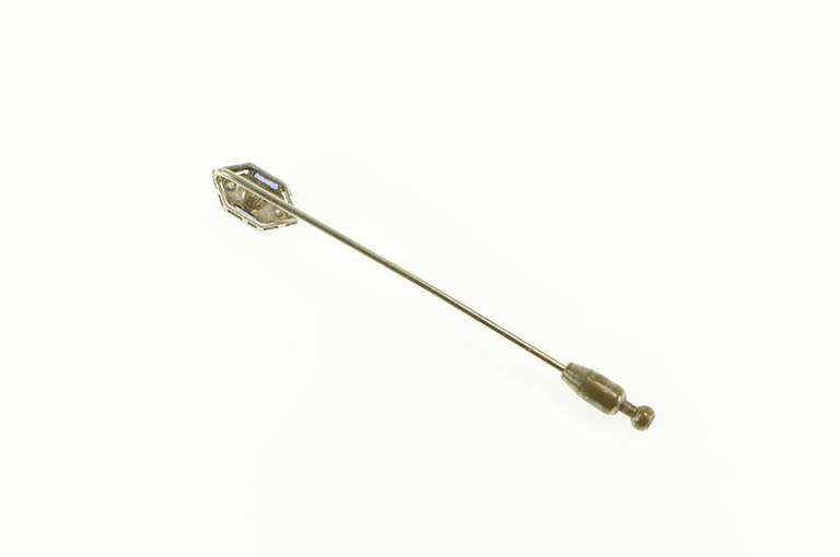 18K Yellow Gold Art Deco Pearl Diamond Syn. Sapphire Stick Pin