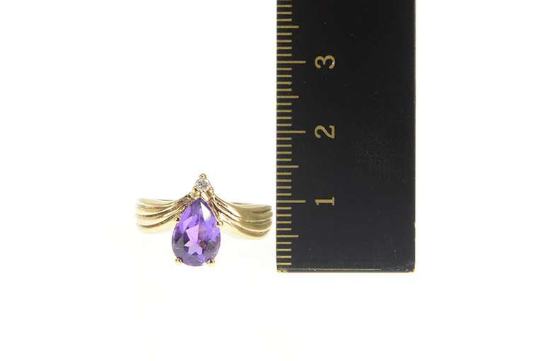 10K Yellow Gold Pear Amethyst Diamond Accent Chevron Ring