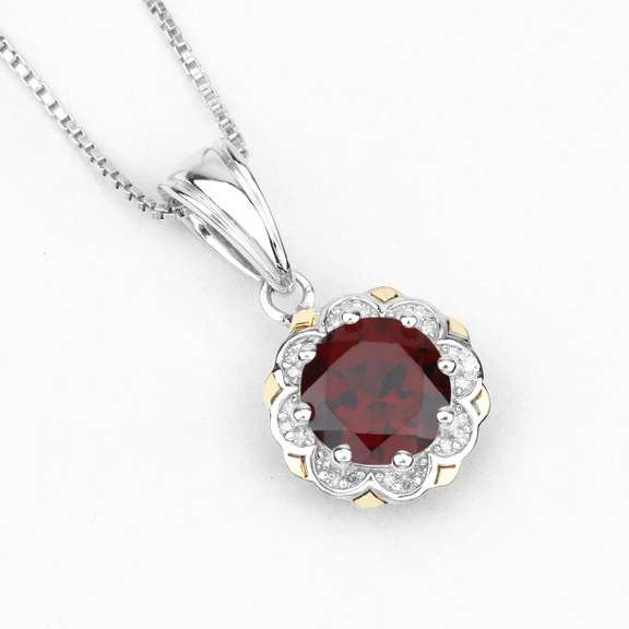 Plated Rhodium 2.25ct Garnet and Diamond Pendant with Chain
