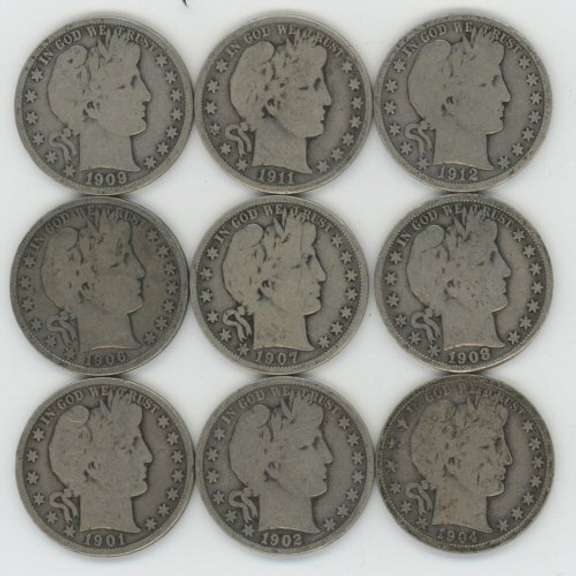 Nice run of 9 Different 'P' Mint Barber Half Dollars