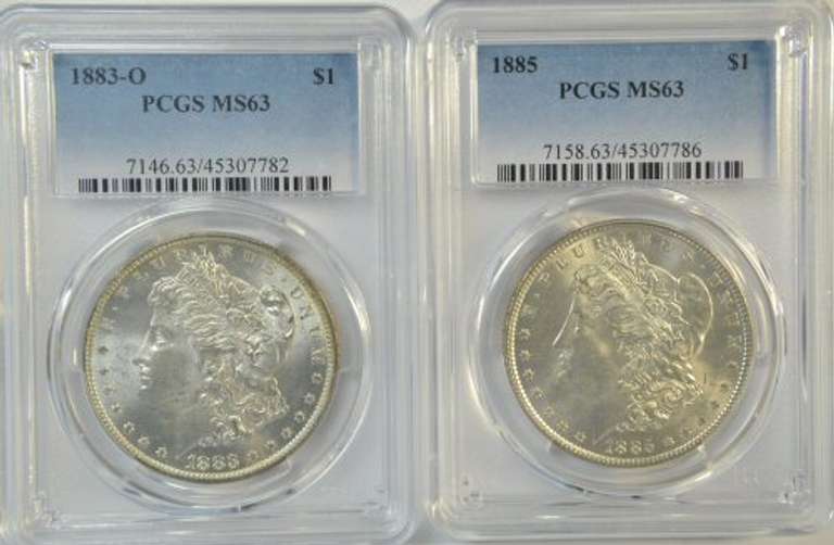 Choice BU 1883-O & 1885 Morgan Silver Dollars. PCGS MS63