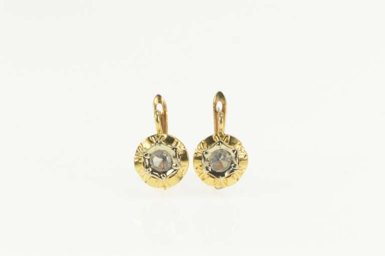18K Yellow Gold Art Deco Ornate CZ Geometric Dangle Lever Earrings