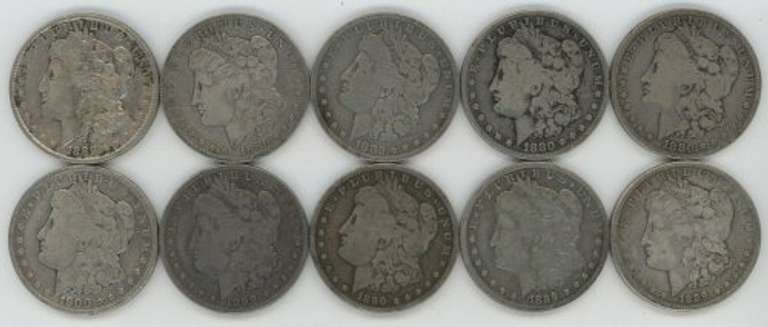 10 Different 19th Century Morgan Silver Dollars in circ