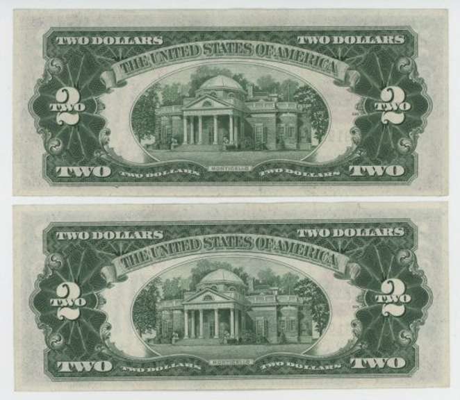 2 near Gem CU 1928-F Series $2 Red Seal Notes in sequence
