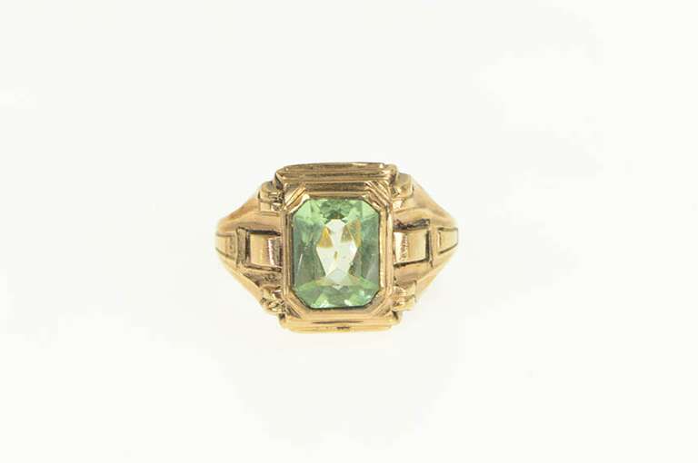 10K Rose Gold Art Deco Men's Green Stone Bezel Solitaire Ring