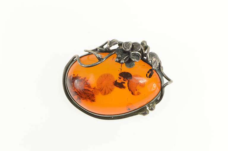 Sterling Silver Ornate Amber Flower Accent Vine Statement Pin/Brooch