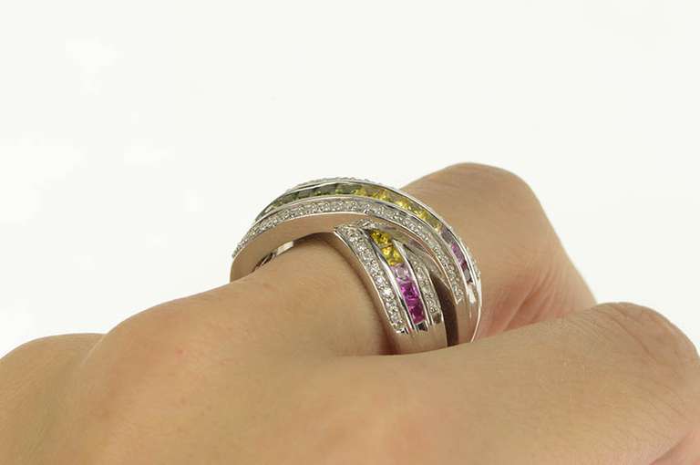 14K White Gold 3.35 Ctw Rainbow Sapphire Diamond X Men's Ring
