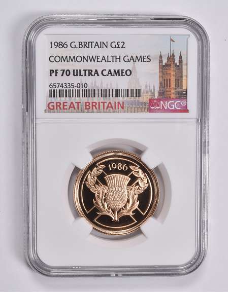 PF70 UCAM 1986 Great Britain 2 Pounds Commonwealth Games NGC Gold