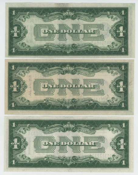 3 Nice CU 1928 Series $1 Silver Certificate notes