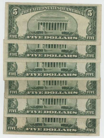 1934 and 5 1953 $5 Blue Seal Silver Certificates