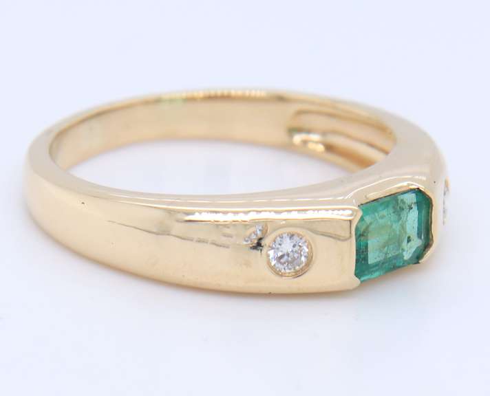 Attractive Yellow Gold Emerald and Diamond Bezel Set Ring