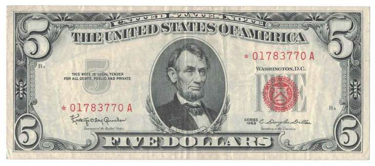 1963 Red Seal $5 Five Dollar United State Bank Note
