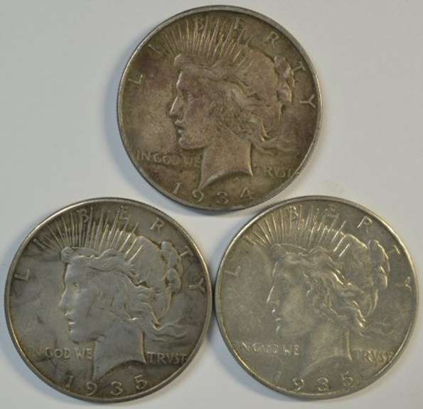 Key 1934-P and 2 1935-P Peace Silver Dollars