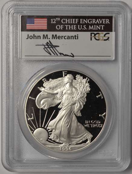 1996-P Proof American Silver Eagle PCGS PR69DCAM John M. Mercanti Signature.