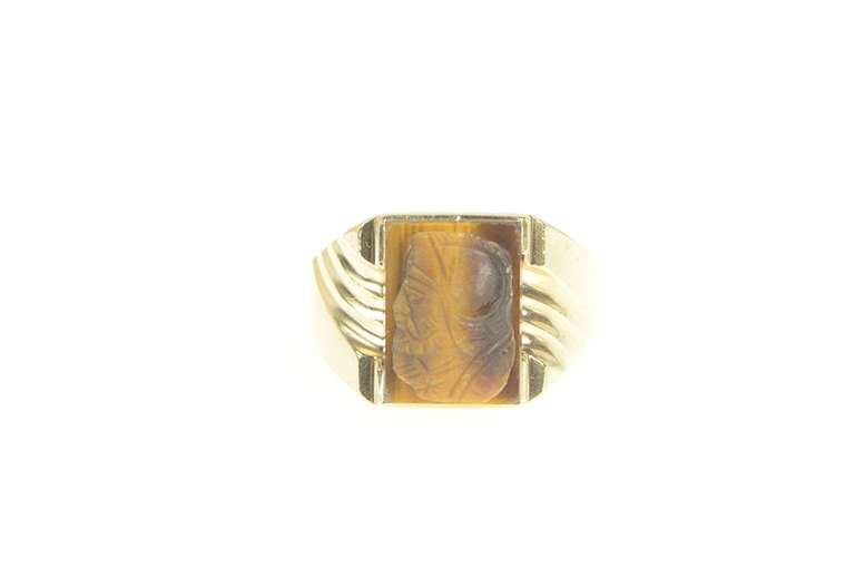 10K Yellow Gold Carved Tiger's Eye Soldier Cameo Statement Ring