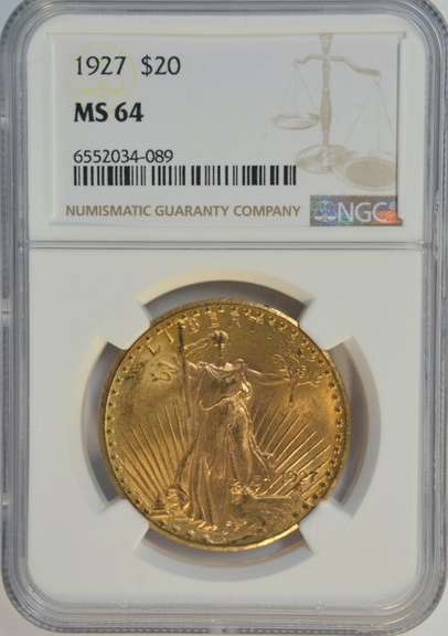 Super Near Gem BU 1927 St. Gaudens $20 Gold. NGC MS64