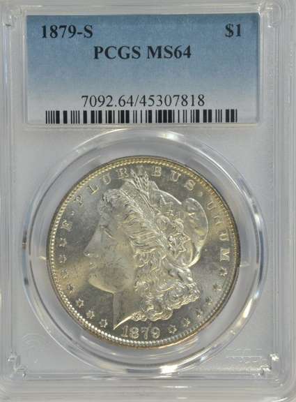 Virtual Gem BU 1879-S Morgan Silver Dollar. PCGS MS64