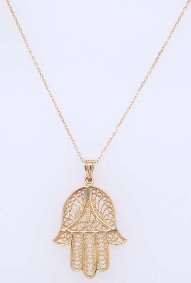 Incredible Yellow Gold Hamsa Pendant on Chain Necklace