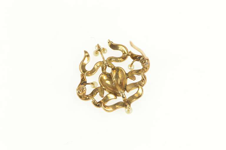 14K Yellow Gold Victorian Heart Diamond Seed Pearl Ribbon Pin/Brooch