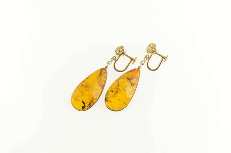 14K Yellow Gold Retro Faceted Amber Dangle Screw Back Earrings