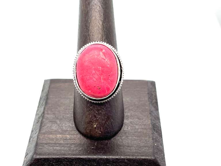 Ovular Red Coral Tibetan Silver Ring