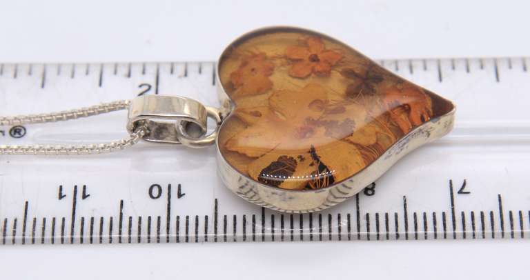 Vintage Italian Sterling Silver Amber Heart Shaped Pendant on Chain