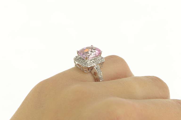 14K White Gold Faceted Pink Topaz Diamond Halo Cocktail Ring